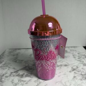 BARBIE x SKINNY DIP Tumbler With Dome Top & Straw BARBIE Logo Pink Bling New